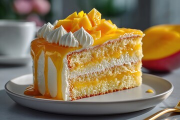 Mango Cream Cake Slice on Ceramic Plate with Glossy Glaze and Fresh Mango Curls