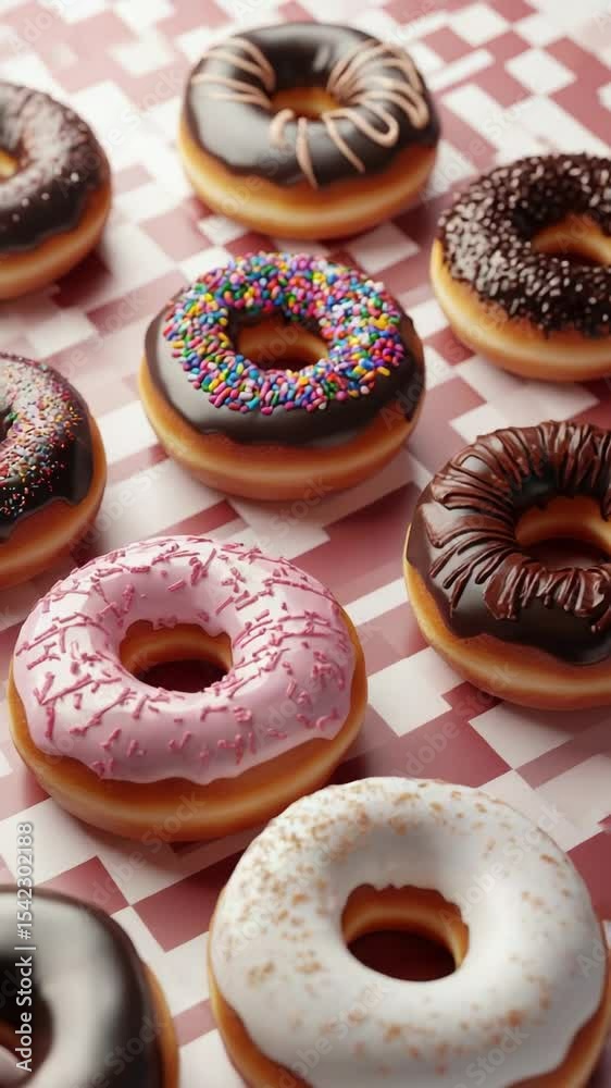 Poster A table filled with various types of donuts, perfect for a bakery or cafe