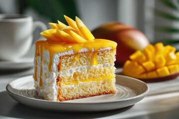 Mango Cream Cake Slice on Ceramic Plate with Glossy Glaze and Fresh Mango Curls