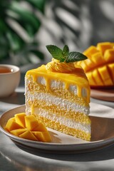 Mango Cream Cake Slice on Ceramic Plate with Glossy Glaze and Fresh Mango Curls