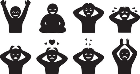 Ten Minimalist Black Silhouettes Depicting Diverse Human Emotions Joy Meditation Anger Distress Sadness Love