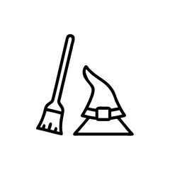 Halloween Holiday Witch Hat and Broomstick Simple Line Art Icon Graphic Design Element