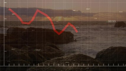 Red line emerging on sunset coast grid, dipping, rising, diving, surging, illustrating fluctuations - Powered by Adobe