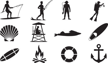 Twelve Black Silhouettes Summer Water Sports Activities Icons Set Seashell Surfboard Lifeguard Anchor
