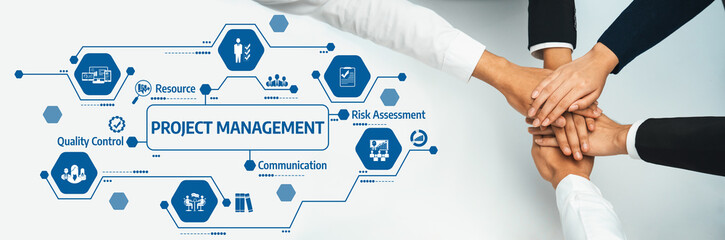 This image illustrates the concept of project management with diverse hands joining together,...