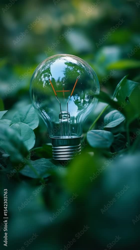 Poster a single light bulb sits atop a vibrant green field, suitable for use in illustrations about simplic