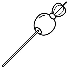 An olive on a cocktail stick, isolated on white background