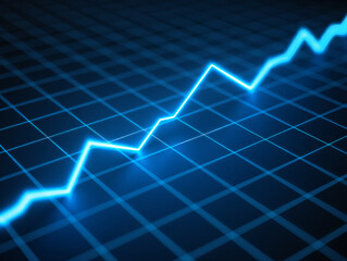 A luminous blue line graph ascending diagonally on a dark blue grid background with a sharp upward trend