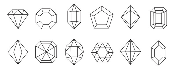 Set of diamond cut thin line icons. Collection of simple outline signs of gemstone. Isolated on white background.