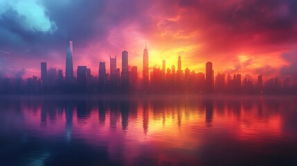 Fototapeta premium Majestic cityscape illuminated by a vibrant sunset reflection in the serene water of a lake photo