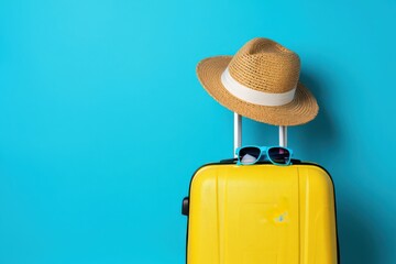 Summer travel concept with yellow suitcase, straw hat and sunglasses on blue background, ideal for themes related to vacation, leisure, or getaway planning.