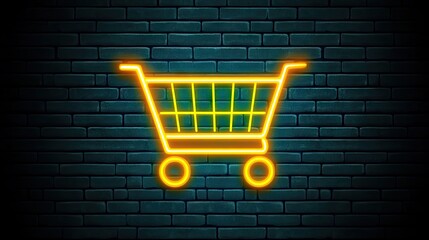 Neon shopping cart graphic against a brick wall.