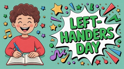 This colorful cartoon illustration celebrates Left-Handers Day with a joyful child writing with their left hand in a notebook.