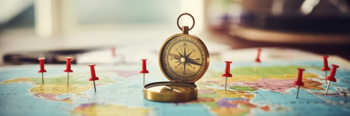 Travel concept with a vintage brass compass placed on a world map, surrounded by multiple red pins marking locations.