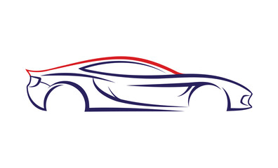 Minimalist vector illustration of a sports car silhouette in red and black lines. Elegant dynamic shape, automotive design concept on white background
