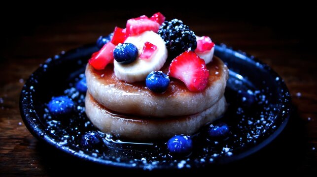 Stack of pancakes topped with fresh berries and banana slices