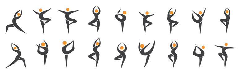 Set of abstract vector icons of dancing or yoga human figures. Minimalist style silhouettes with orange heads and black flowing bodies on white background