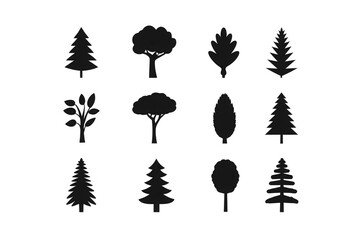 Silhouettes of various tree shapes in black on transparency background, showcasing different types of foliage and trunk styles. image includes variety of tree forms, from coniferous to deciduous