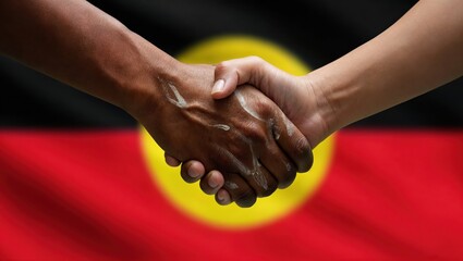 Symbolic handshake between indigenous and non-indigenous hands with aboriginal flag in background.