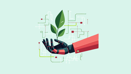 Robotic Hand Holding Green Plant Technology