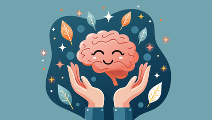 Cute Brain with Hands and Leaves, Mental Health and Emotional Wellness Illustration
