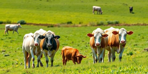 Domesticated cattle grazing peacefully in a lush green pasture, idyllic farm setting,  countryside,  bovine