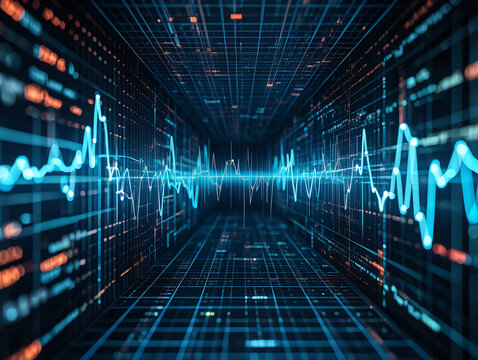 Blue waveform display with digital grid lines and data points in a dark abstract background