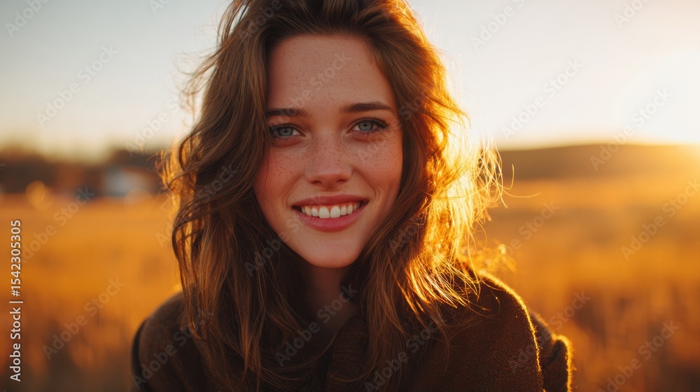 Poster golden light creates a gentle smile arc in the center of an empty field during sunset