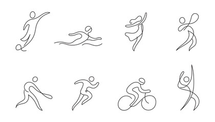 Set of one line drawings of people doing sports and dance. Editable line. Minimalist continuous line style showing motion: running, swimming, cycling, jumping, dancing