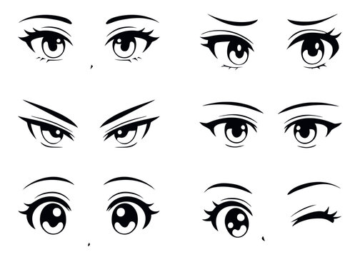 Japanese anime eyes set on isolated background. Black and white manga character, animation art style set