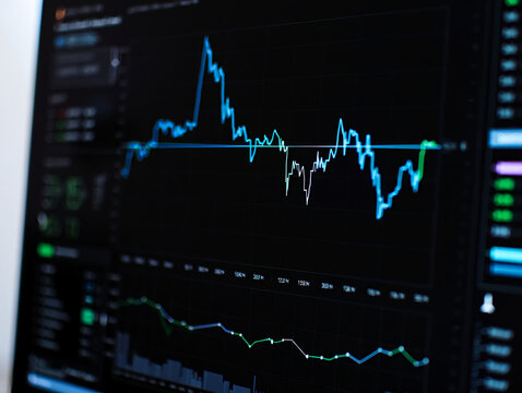 Close up of a computer screen displaying blue and green line graphs on a dark background analysis view