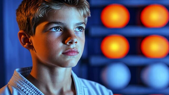 Focused young karateka contemplating his next move in training