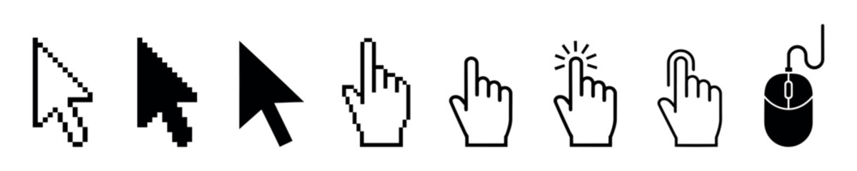Naklejka na ściany i meble Mouse cursor set. Arrows web cursors, digital hand pointers. Arrow cursor pixel digital, web pointing and hourglass illustration