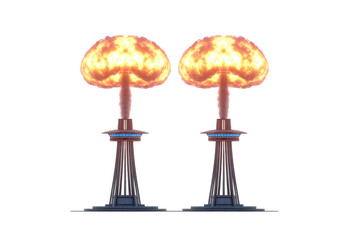 Twin fiery explosions resembling mushroom clouds rise above two structures, evoking sense of dramatic intensity. scene is surreal and visually striking, capturing moment of explosive energy