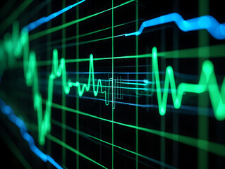 A close up of a monitor displaying green and blue waveforms against a black background with grid lines