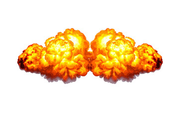 Powerful explosion with bright orange and yellow flames creates dramatic and intense visual impact. fiery blast is symmetrical, showcasing billowing smoke and dynamic energy