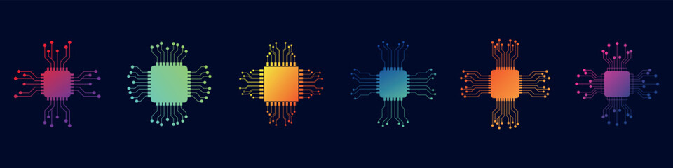Chip processor icon. Artificial intelligence gradient circuit set. Technology, ai, digital, brain, chip.
