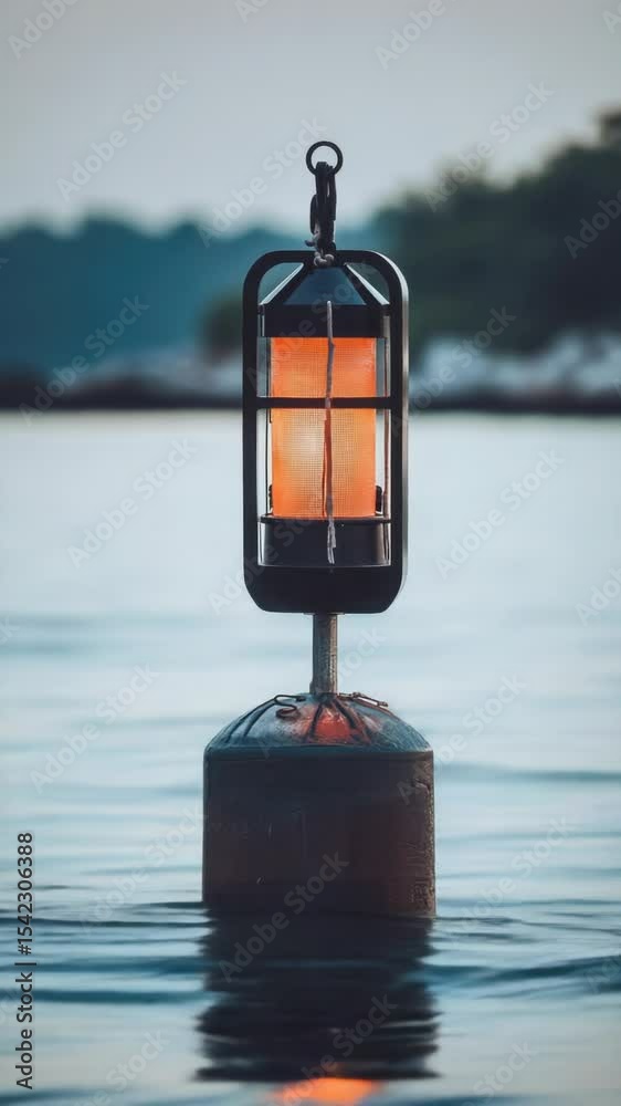 Poster a calm lake with a floating light reflecting off the water's surface