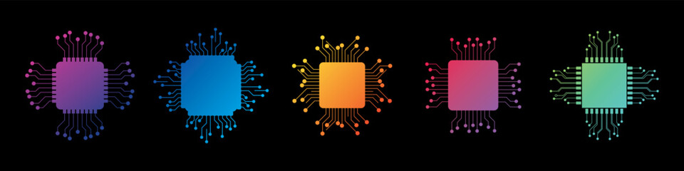 Chip processor icon. Artificial intelligence gradient circuit set. Technology, ai, digital, brain, chip.