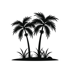 Fototapeta premium Tropical Palm Trees Silhouette with Grass on an Island Beach, Isolated Black Vector Illustration