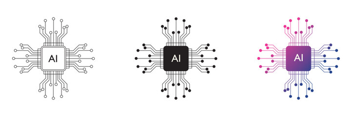 Artificial intelligence processor chip icon. Vector set of artificial intelligence processor circuit diagram isolated on white background. Vector illustration