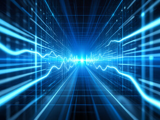 Obraz premium Abstract blue technology background with glowing lines and waveforms in a grid structure view