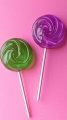 Colorful lollipops on a vibrant pink background showcase unique swirled designs for a sweet treat