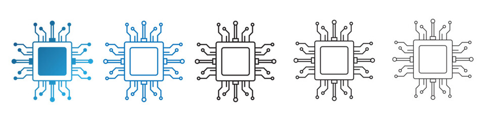 Artificial intelligence processor chip icon. Vector set of AI processor circuits with thin line isolated on white background. Vector illustration.