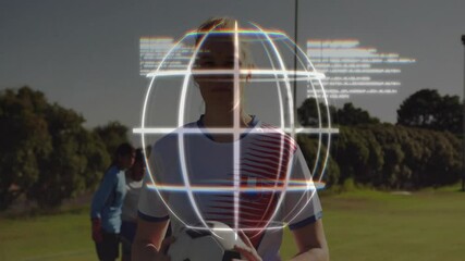 Female soccer player holding ball on training field initiating grid overlay showing glitchy metrics