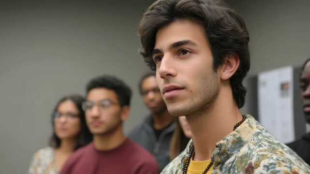 Confident young man engaging with audience in casual meeting setting