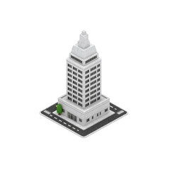 Modern, minimalist isometric illustration of gray office building with multiple floors, surrounded by road and small green tree, conveying urban architecture
