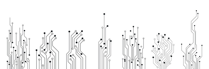 Set of printed circuit board PCB tracks silhouettes isolated on white background. Technical clipart. Dividers for design. Vector design element.