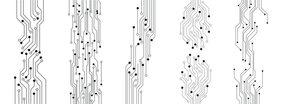 Set of printed circuit board PCB tracks silhouettes isolated on white background. Technical clipart. Dividers for design. Vector design element.