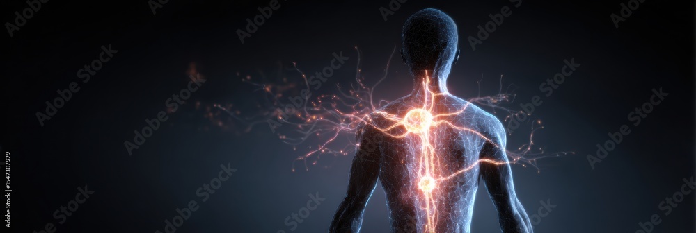 Poster Man Silhouette in a Clinical Setting Surrounded by Glowing Nerve Signals Illustrating Neural Activity and Human Anatomy